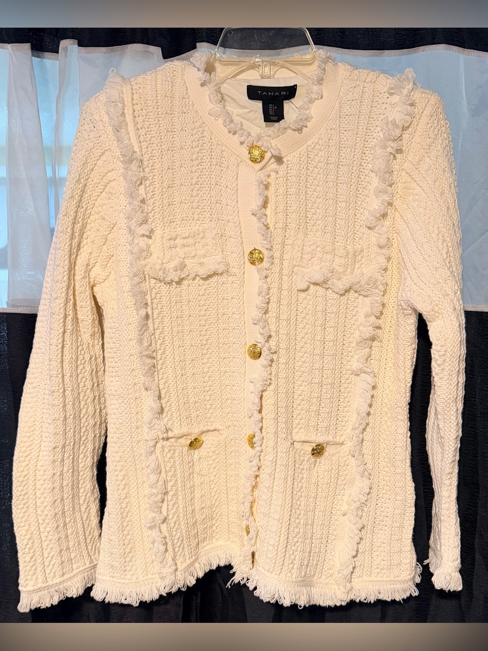 Like New Tahari Cream Fringe Trim Textured Knit Cardigan with Gold Buttons